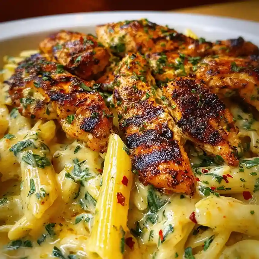 Cheesy Penne and Cajun Chicken in Garlic Parmesan Cream