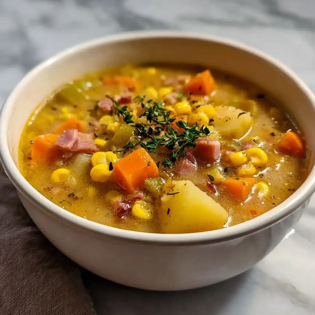 Leftover Ham Bone Soup with Potatoes and Corn