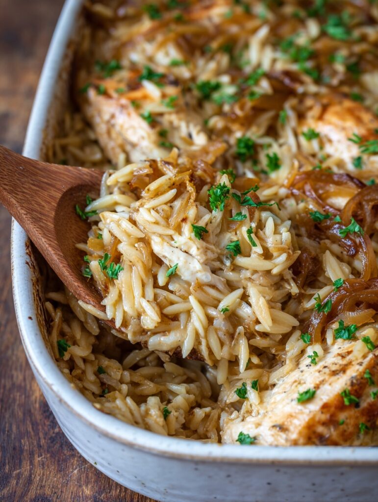 Easy French Onion Chicken Orzo Casserole Recipe Homemade French Onion Chicken Orzo Bake Best Cheese For Chicken Orzo Casse...