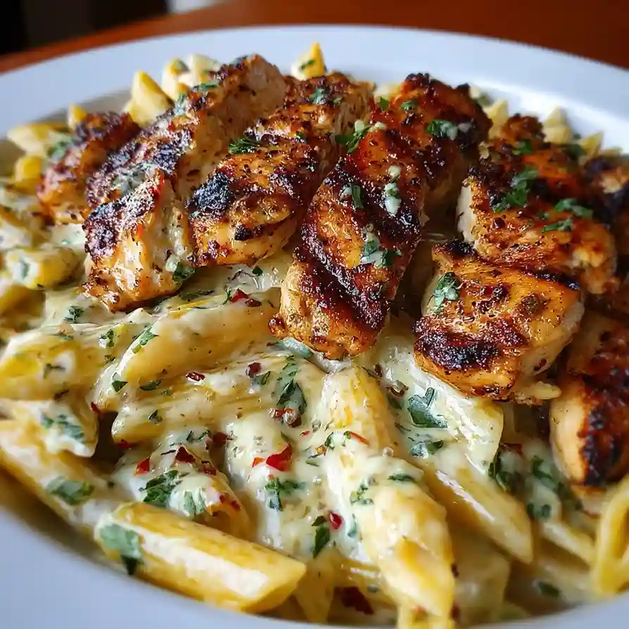 Cheesy Penne and Cajun Chicken in Garlic Parmesan Cream