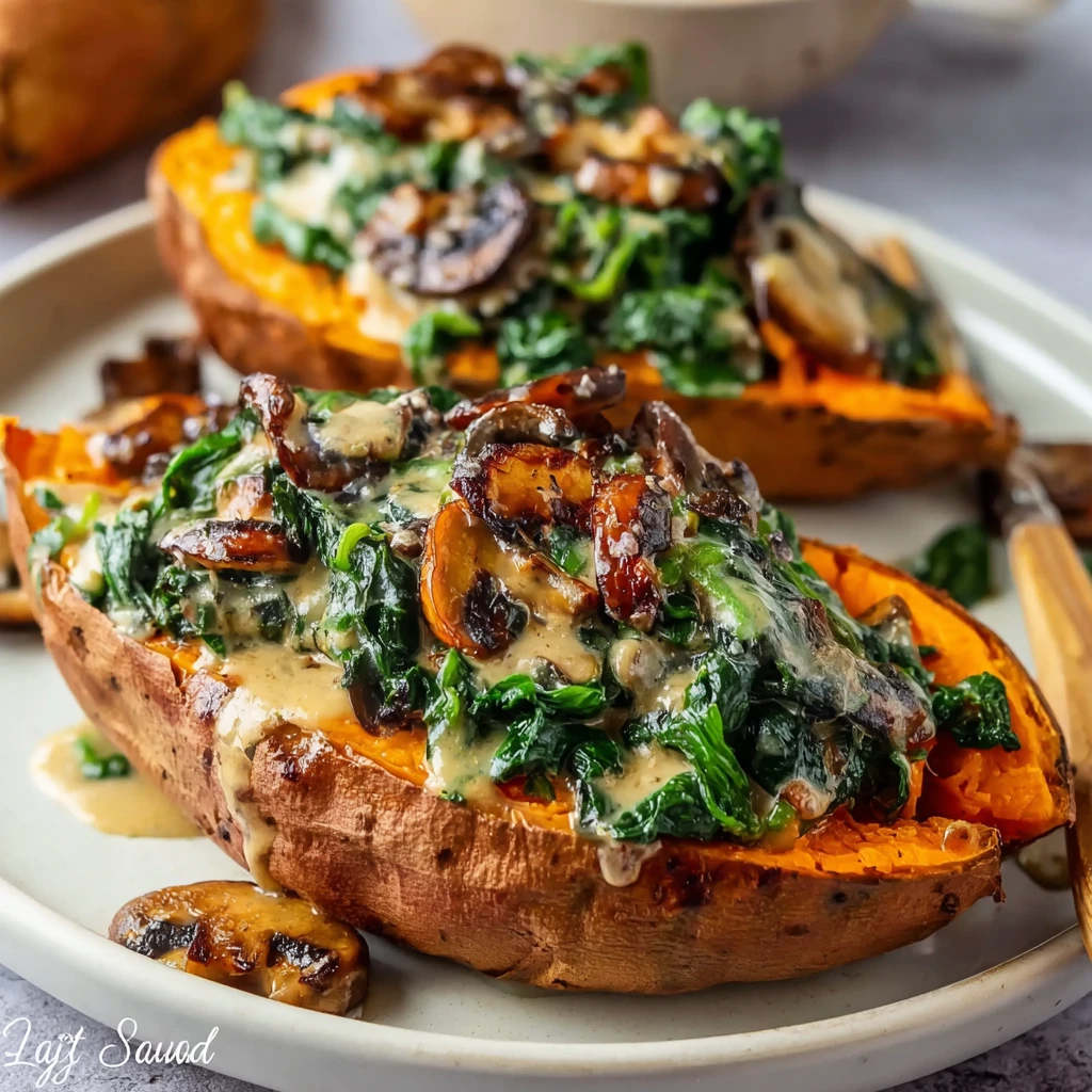 Cream Mushroom Spinach Stuffed Sweet Potato Recipe Easy Creamy Mushroom Stuffed Sweet Potatoes Vegan Spinach And Mushroom ...