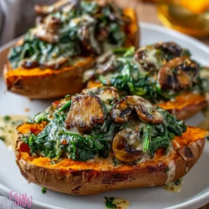30-Minute Creamy Mushroom & Spinach Stuffed Sweet Potatoes
