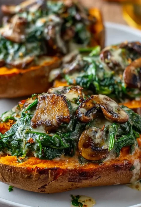 Cream Mushroom Spinach Stuffed Sweet Potato Recipe Easy Creamy Mushroom Stuffed Sweet Potatoes Vegan Spinach And Mushroom ...