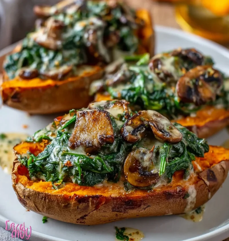 Cream Mushroom Spinach Stuffed Sweet Potato Recipe Easy Creamy Mushroom Stuffed Sweet Potatoes Vegan Spinach And Mushroom ...