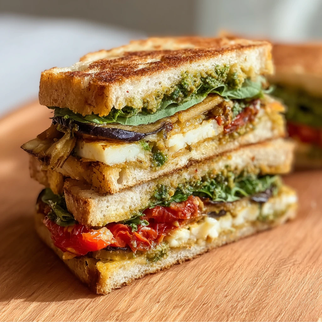 Crispy Eggplant Focaccia Sandwich with Creamy Walnut Pesto