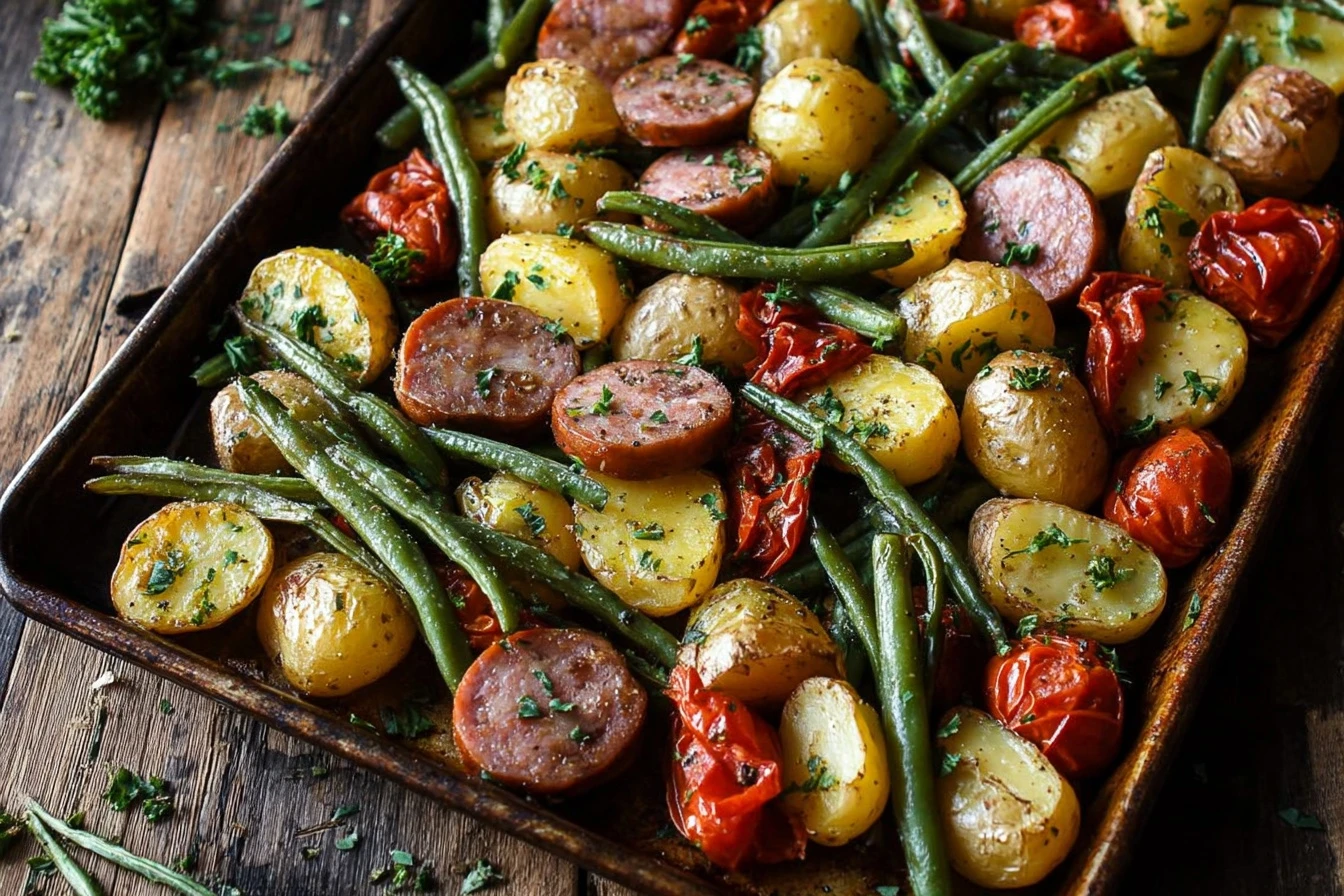 Easy Sheet Pan Sausage Potatoes Green Beans Recipe Sheet Pan Sausage Potatoes And Green Beans Dinner One-pan Sausage Potat...