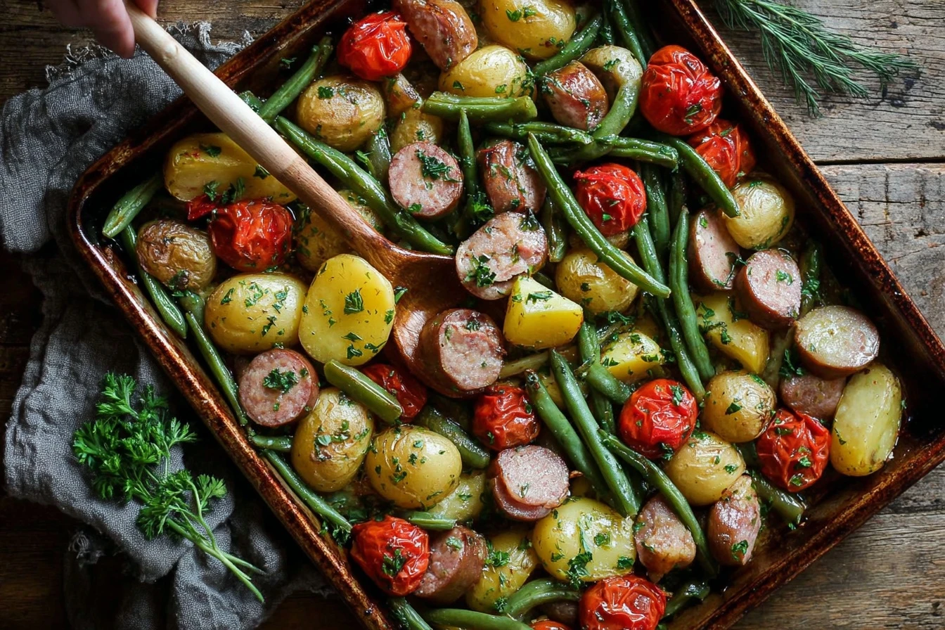 Easy Sheet Pan Sausage Potatoes and Green Beans