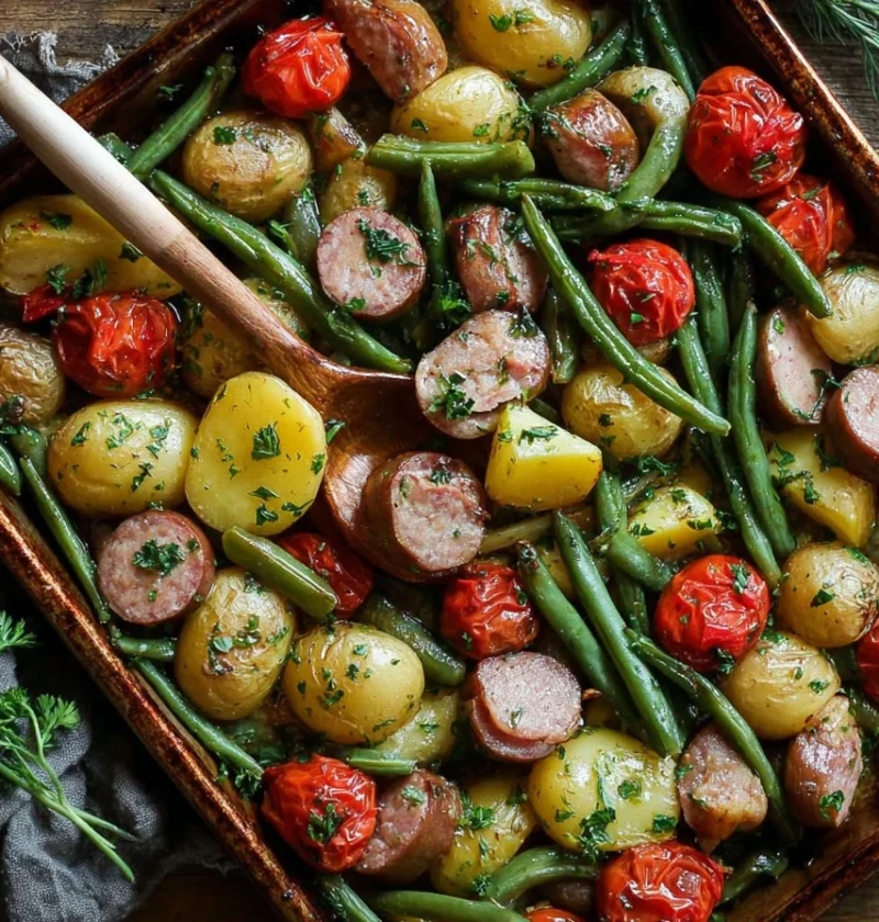 Easy Sheet Pan Sausage Potatoes Green Beans Recipe Sheet Pan Sausage Potatoes And Green Beans Dinner One-pan Sausage Potat...
