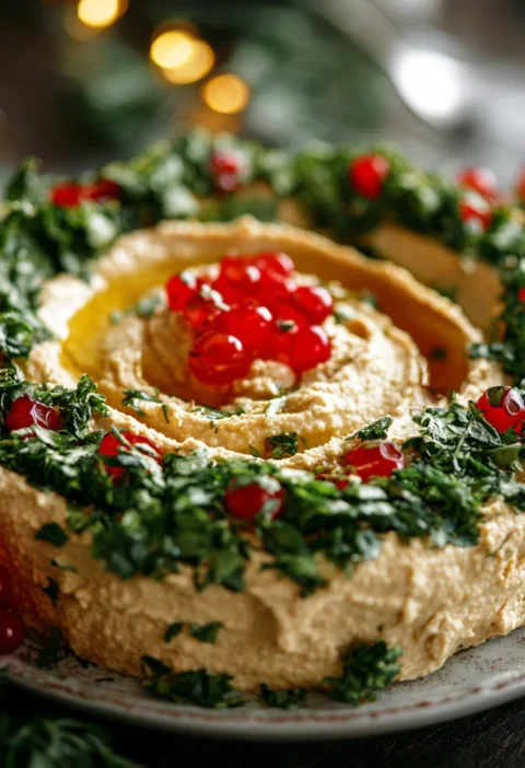 This Christmas Hummus Wreath Recipe Easy Christmas Hummus Wreath Appetizer Make Festive Hummus Wreath DIY Christmas Hummus...
