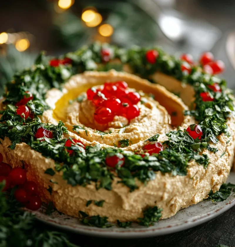 This Christmas Hummus Wreath Recipe Easy Christmas Hummus Wreath Appetizer Make Festive Hummus Wreath DIY Christmas Hummus...