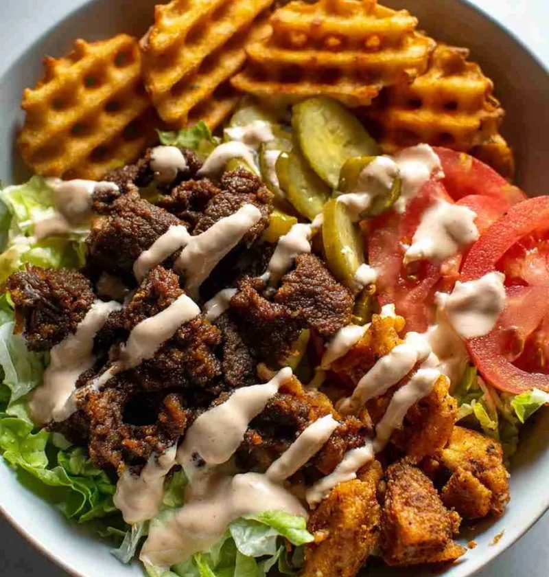 Burger Bowls With House Sauce Recipe Homemade Ranch Fries And Burger Bowl Low Carb Burger Bowl With Ranch Fries Gluten-fre...