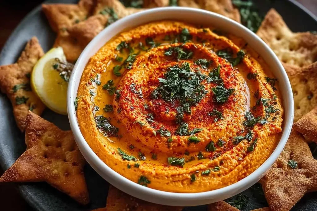 Christmas Roasted Red Pepper Hummus with Pita Stars