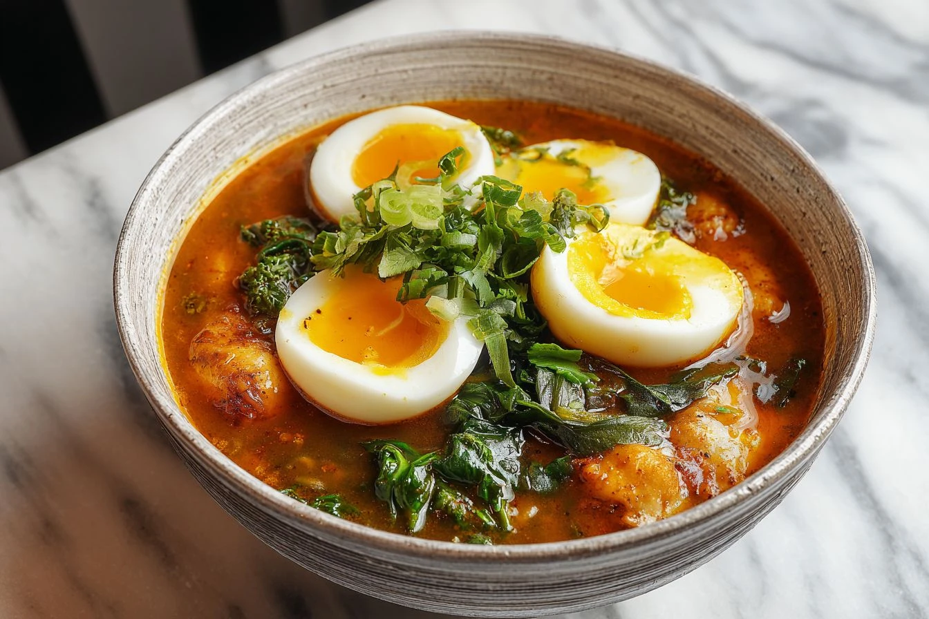 Hearty Savory Dumpling Ramen Bowl with Soft Eggs and Fresh Greens