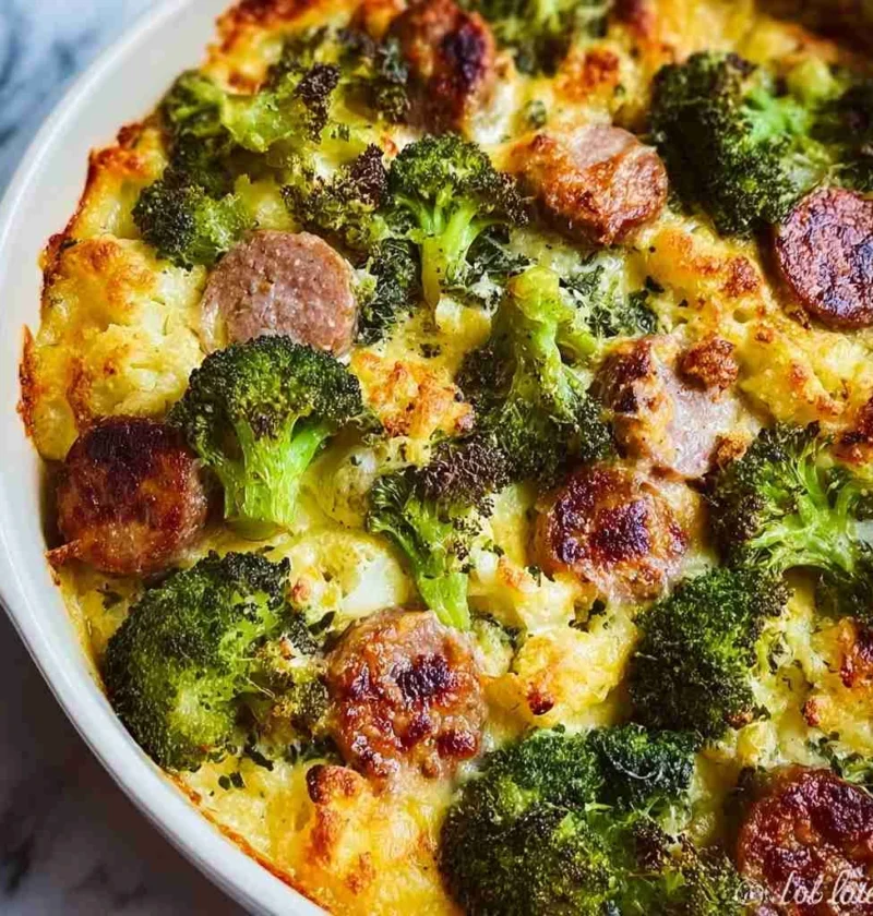 Keto Broccoli Cauliflower Sausage Au Gratin Recipe Low Carb Sausage Broccoli Cauliflower Bake Gluten-free Keto Au Gratin W...