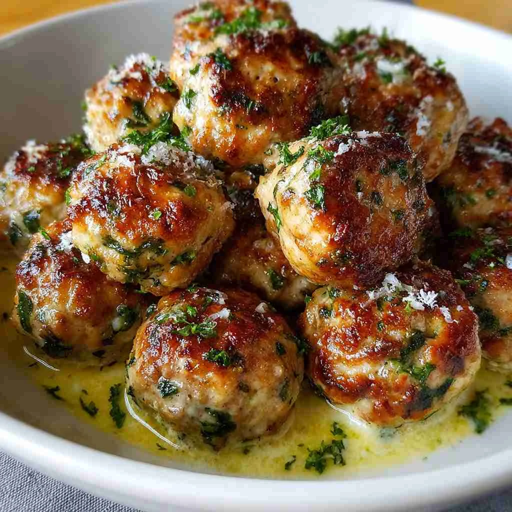 Baked Chicken Ricotta Meatballs with Spinach Alfredo Sauce