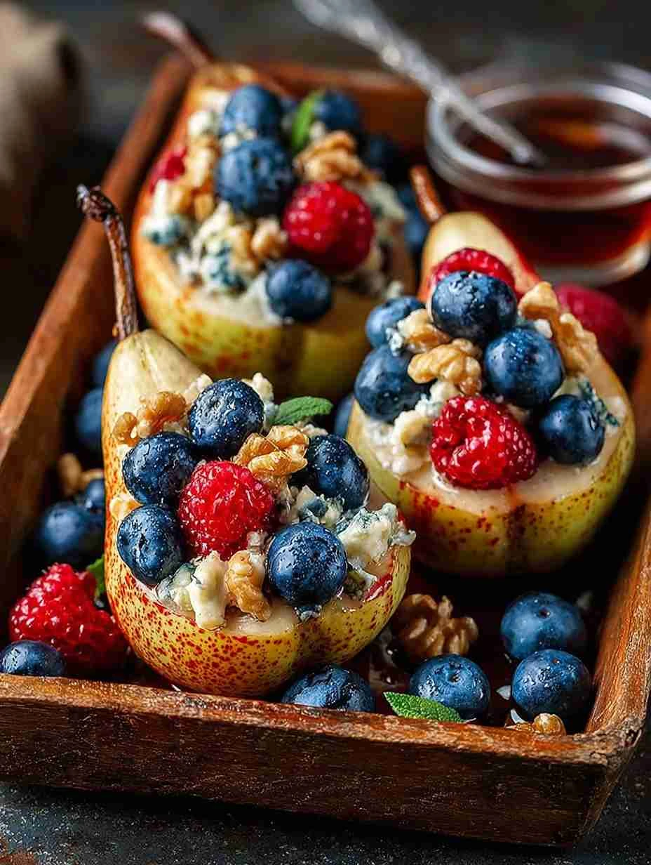Baked Pears with Berries, Honey, Walnuts and Blue Cheese