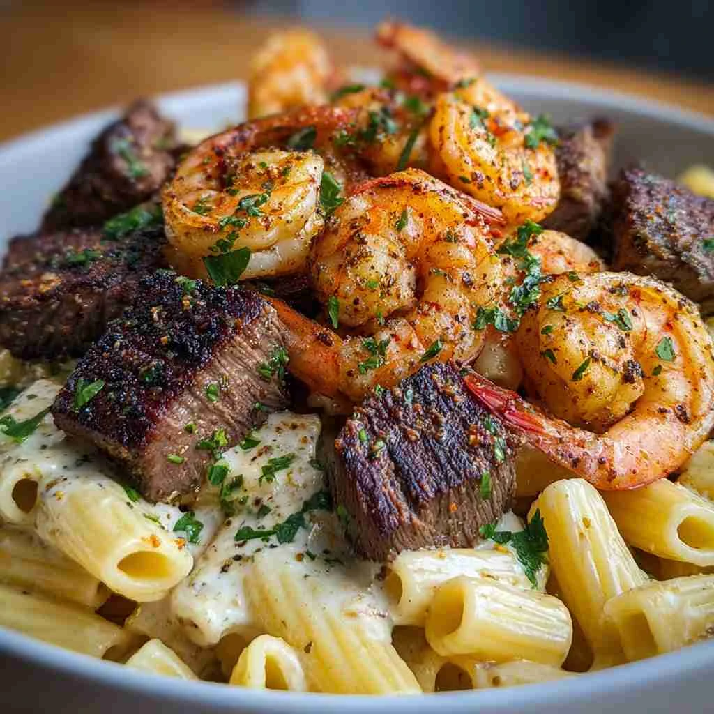 Blackened Steak Shrimp Alfredo