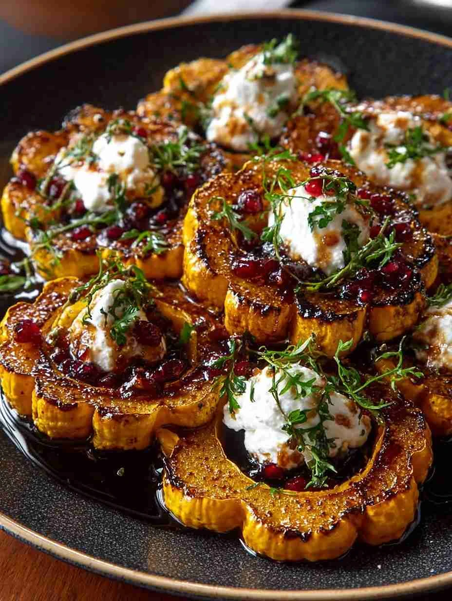 Caramelized Delicata Squash Recipe Burrata With Hot Honey Glaze Roasted Delicata Squash With Burrata Hot Honey Cranberry G...