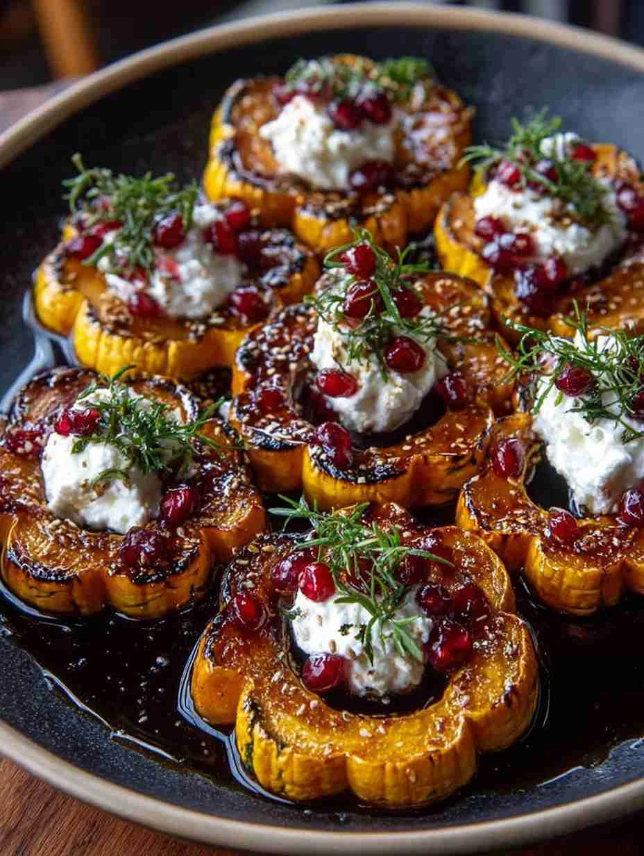 Caramelized delicata squash with burrata and hot honey cranberry glaze