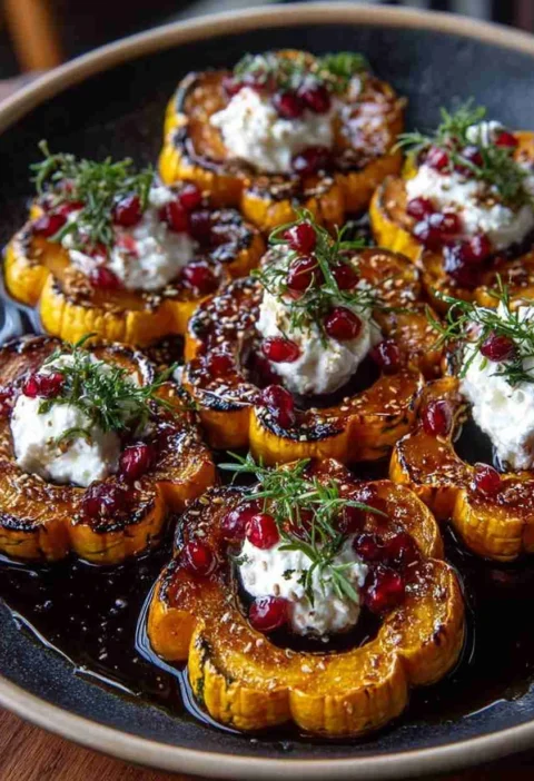 Caramelized Delicata Squash Recipe Burrata With Hot Honey Glaze Roasted Delicata Squash With Burrata Hot Honey Cranberry G...