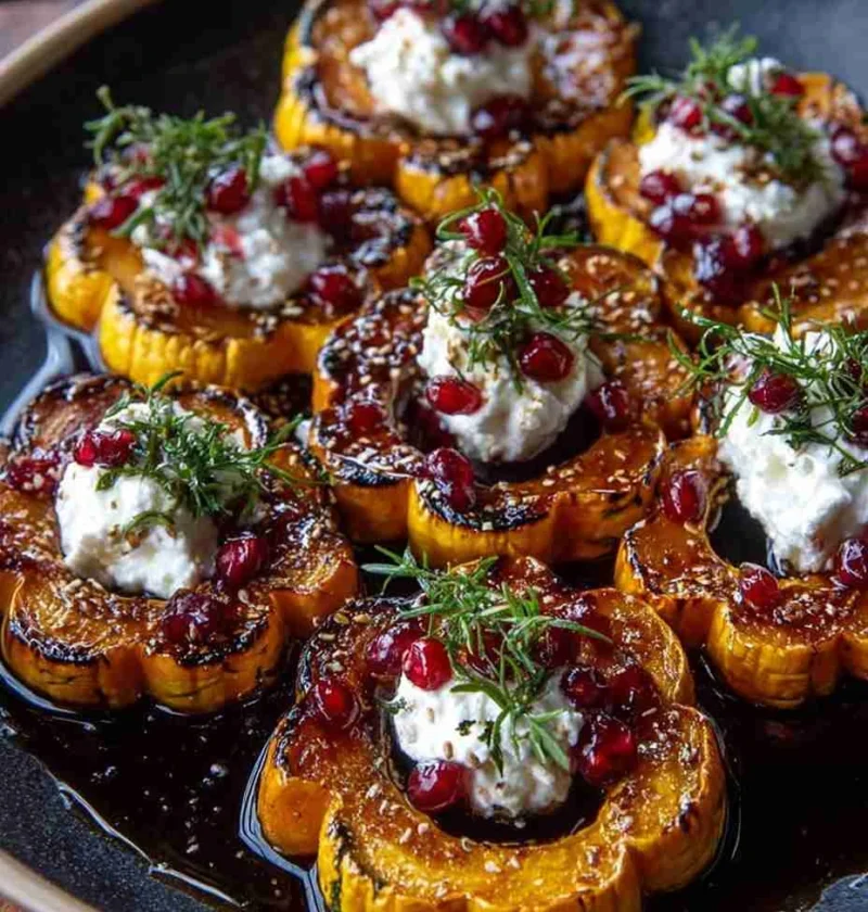 Caramelized Delicata Squash Recipe Burrata With Hot Honey Glaze Roasted Delicata Squash With Burrata Hot Honey Cranberry G...
