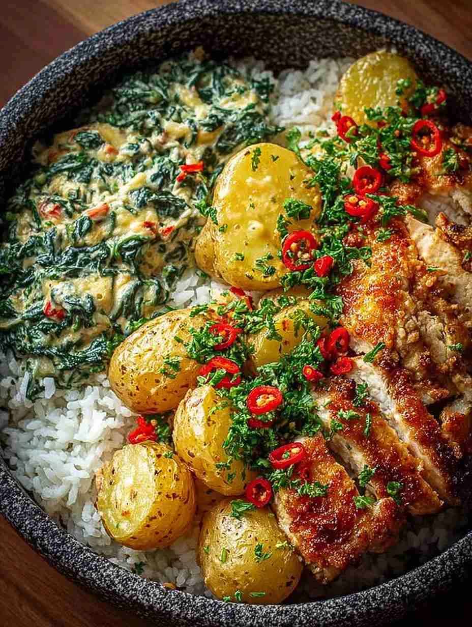 Crispy Chicken with Garlic Creamed Spinach, Herb Potatoes & Steamed Rice Bowl