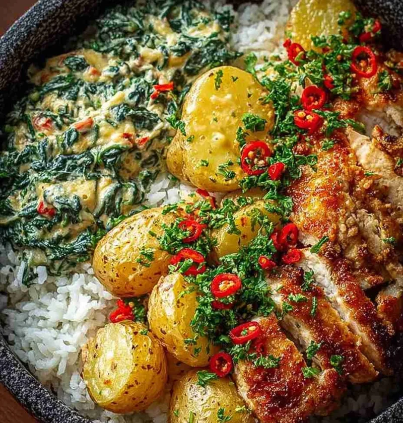 Crispy Chicken Spinach Rice Bowl Recipe Garlic Creamed Spinach Chicken Dinner Herb Potatoes With Crispy Chicken Bowl Steam...