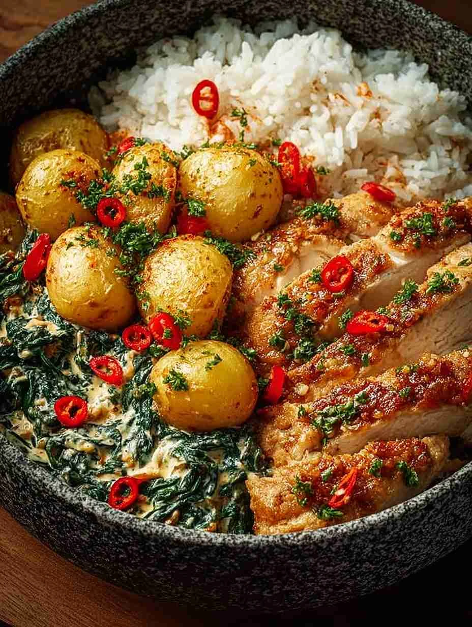 Crispy Chicken Spinach Rice Bowl Recipe Garlic Creamed Spinach Chicken Dinner Herb Potatoes With Crispy Chicken Bowl Steam...