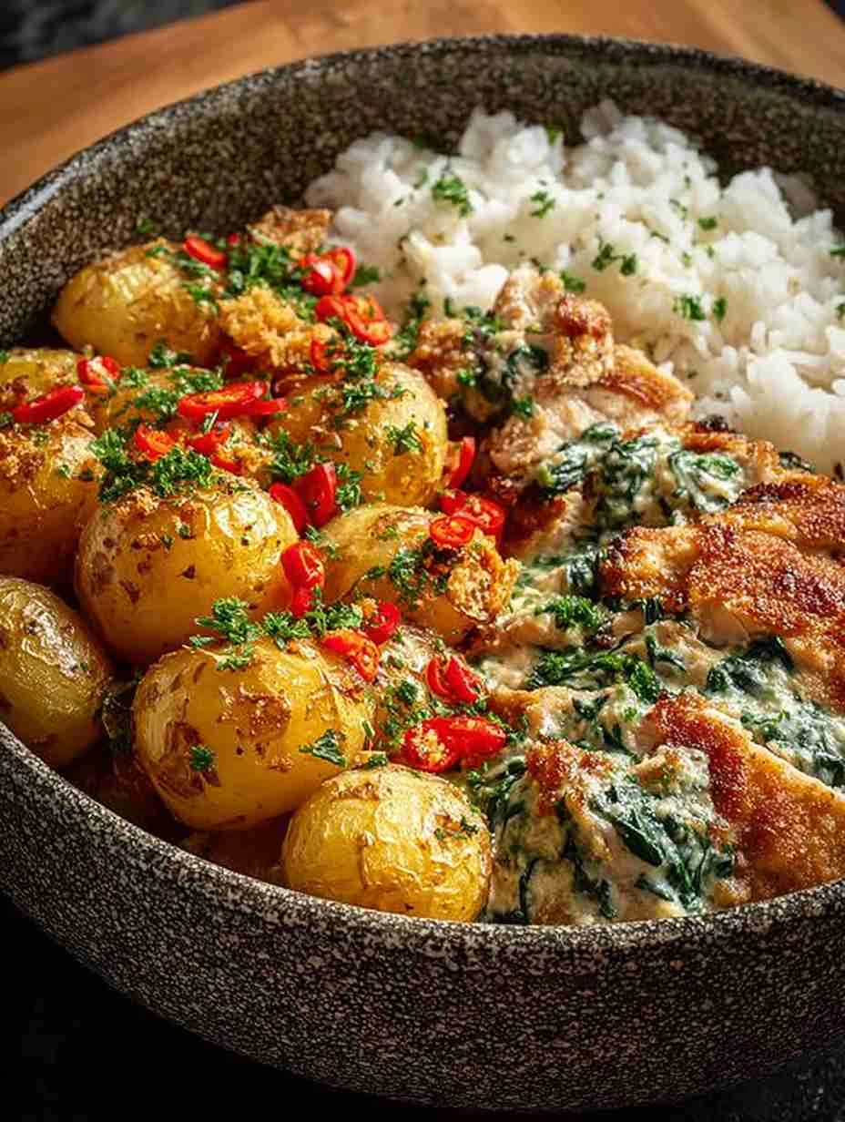 Crispy Chicken Spinach Rice Bowl Recipe Garlic Creamed Spinach Chicken Dinner Herb Potatoes With Crispy Chicken Bowl Steam...