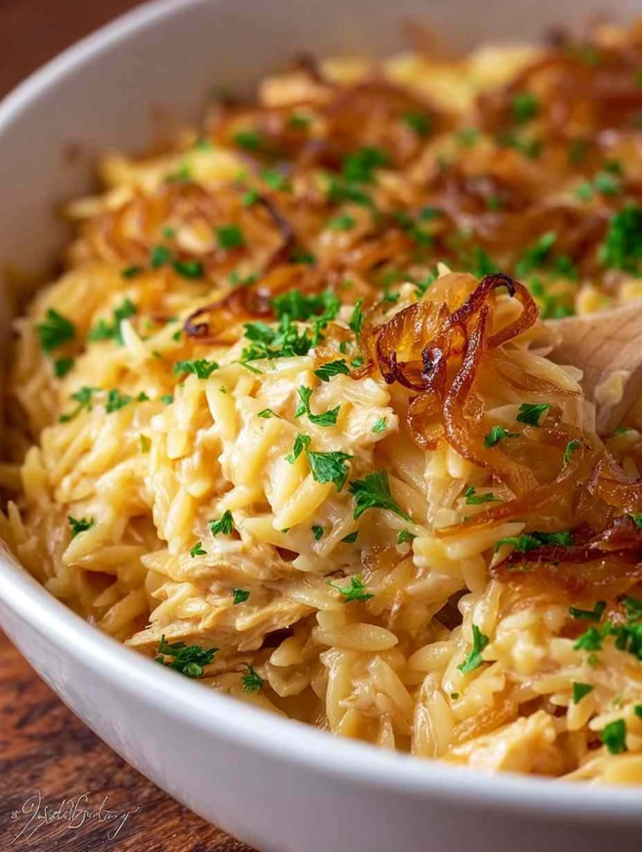 French Onion Chicken Orzo Casserole