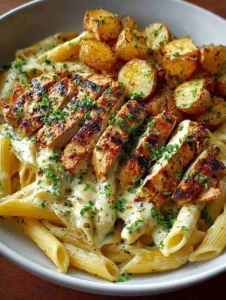 Grilled Chicken with Creamy Penne Pasta & Roasted Potatoes