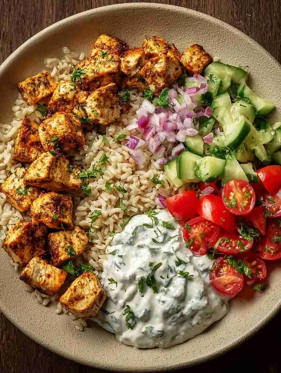 Greek-Style Chicken Bowl with Brown Rice, Tzatziki & Cucumber-Tomato Salad