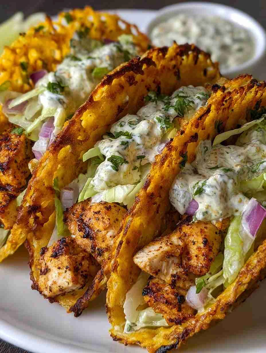 Mediterranean Dill Pickle Chicken Taco Recipe Crispy Cheese Lace Taco Shells Smash Chicken Tacos With Mediterranean Flavor...