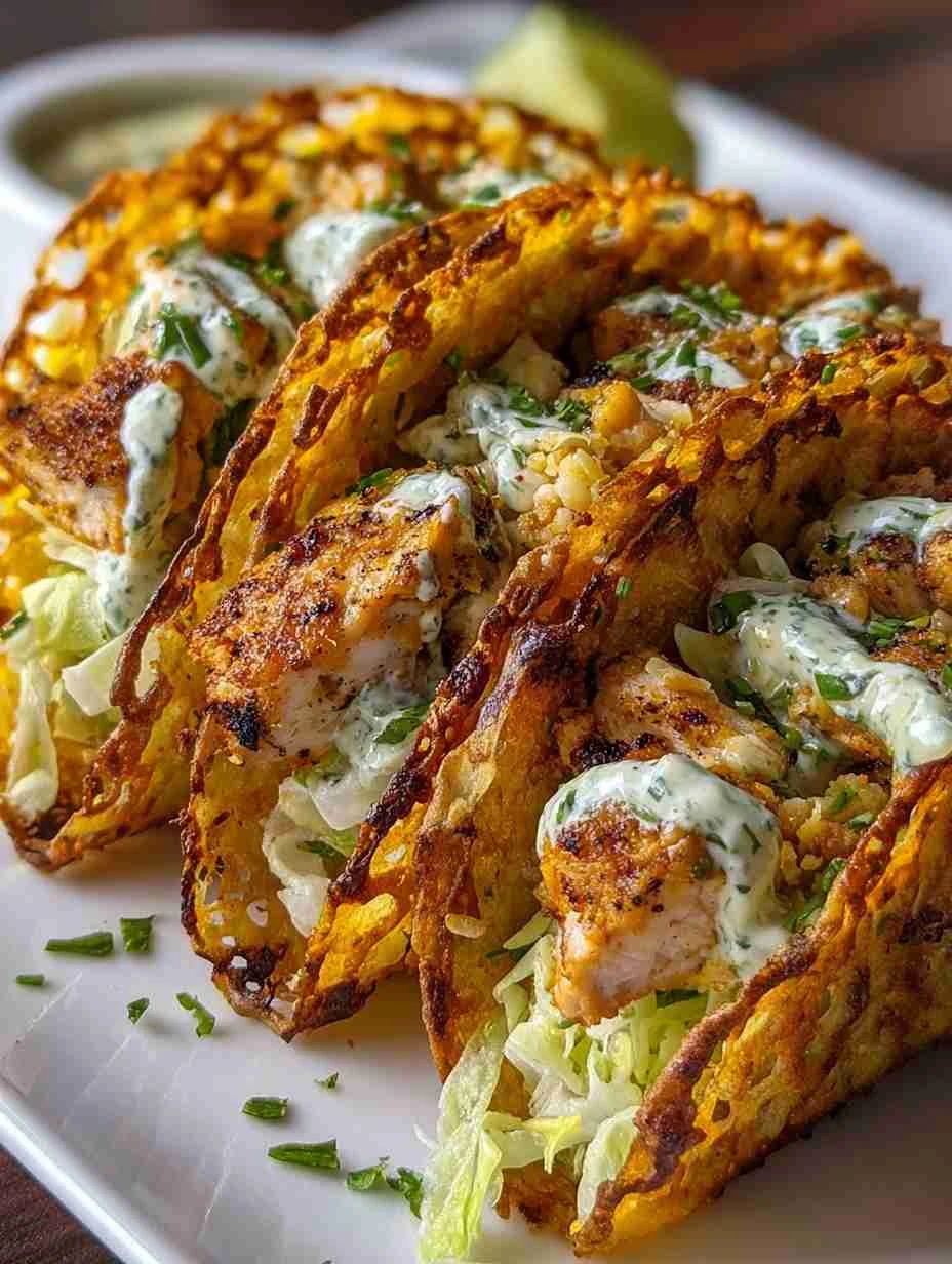 Mediterranean Dill Pickle Ranch Smash Chicken Tacos with Crispy Cheese Lace