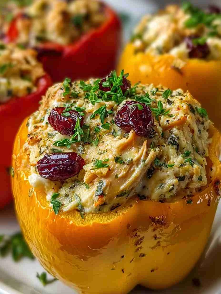 Mediterranean Creamy Cottage Cheese Cranberry Chicken Stuffed Peppers