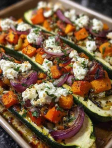 Mediterranean Golden Roasted Holiday Vegetable Zucchini Boats with Whipped Feta