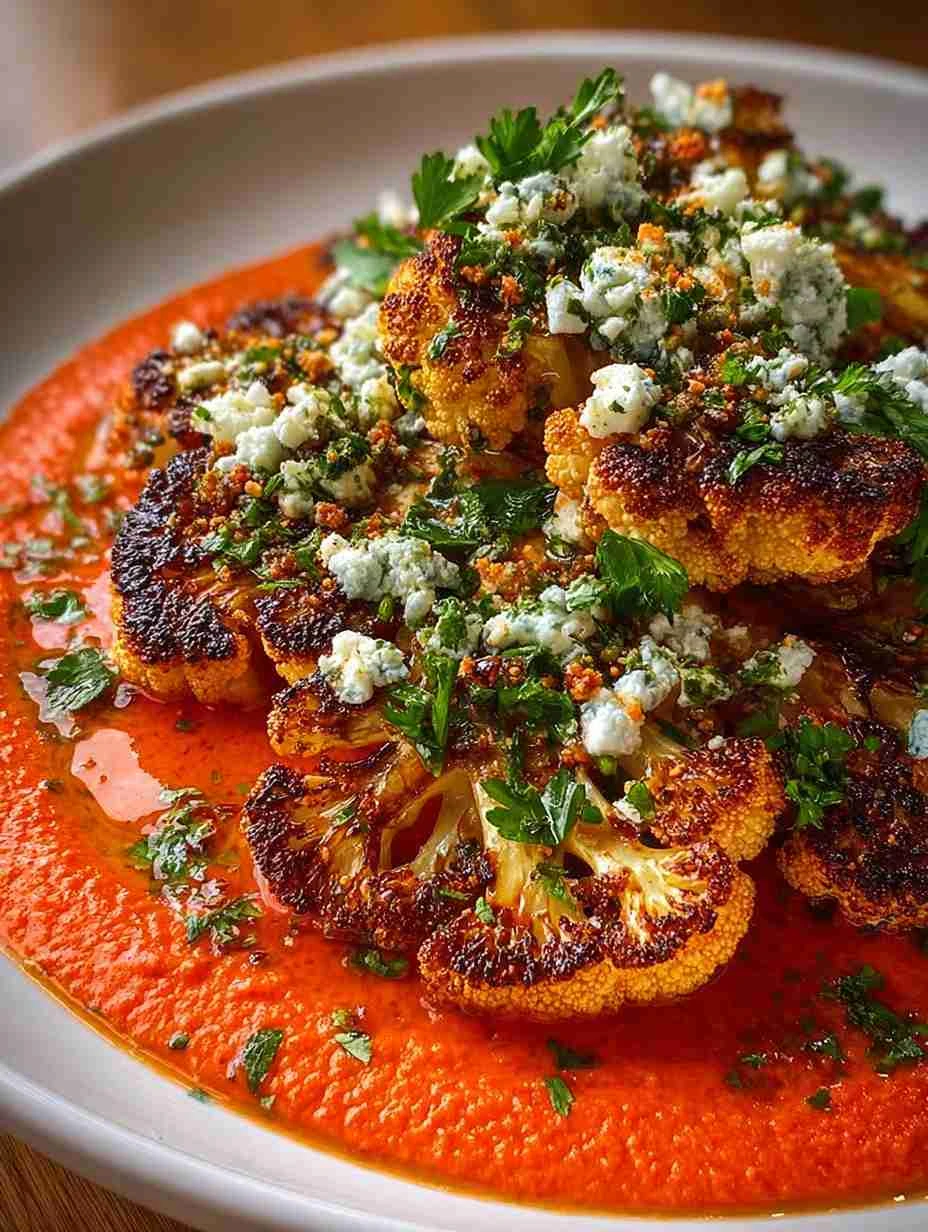 Roasted Cauliflower Steaks with Red Pepper and Chimichurri Flair