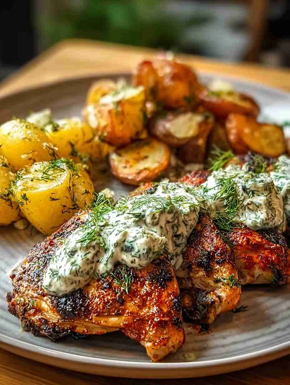 Spicy Yogurt Marinated Chicken With Dill Feta Cream & Crispy Potatoes Spicy Yogurt Marinated Chicken Dill Feta Cream