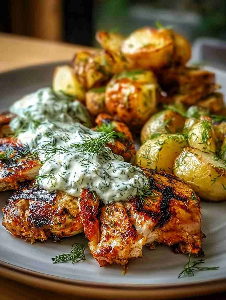 Spicy Yogurt Marinated Chicken With Dill Feta Cream & Crispy Potatoes Spicy Yogurt Marinated Chicken Dill Feta Cream