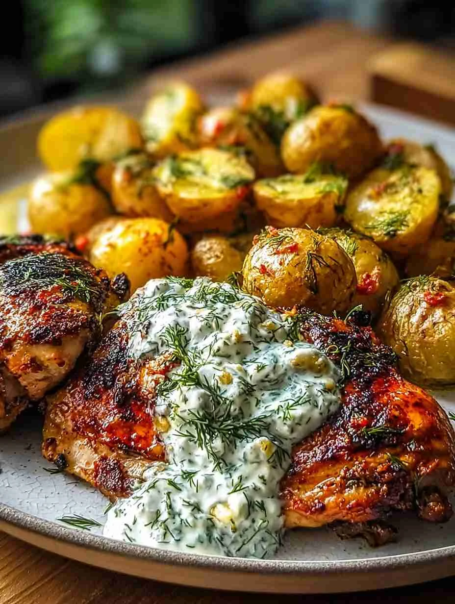 Spicy Yogurt Marinated Chicken with Dill Feta Cream & Crispy Potatoes