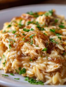 French Onion Chicken Orzo Casserole