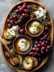Winter burrata board with roasted grapes and thyme honey drizzle
