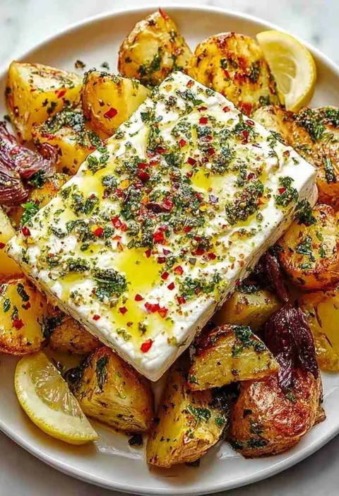 Baked Feta Potatoes Lemon Garlic Fresh Basil Recipe