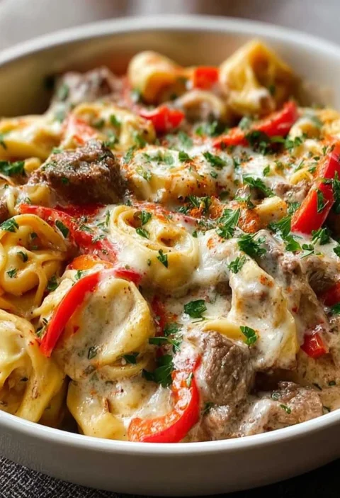 Crock Pot Cheesesteak Tortellini
