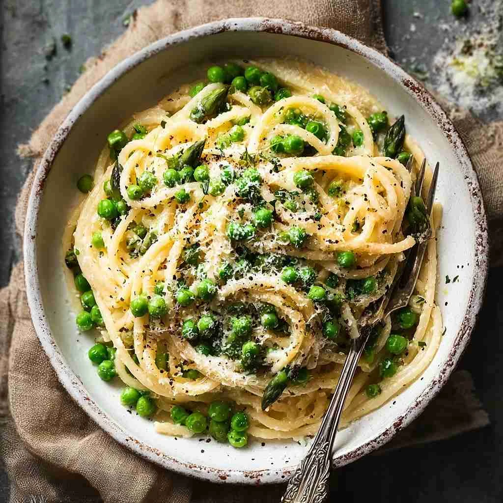 Garlic Cream Bucatini with Peas and Asparagus: A Cozy Delight