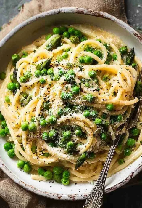 Garlic Cream Bucatini Peas Asparagus Cozy Delight