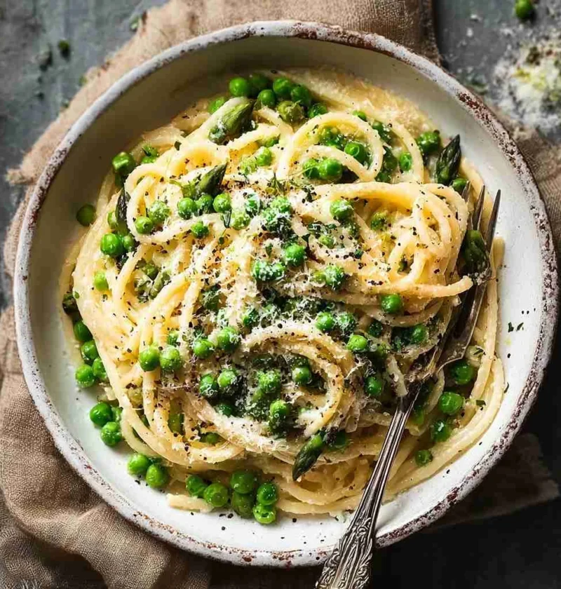 Garlic Cream Bucatini Peas Asparagus Cozy Delight