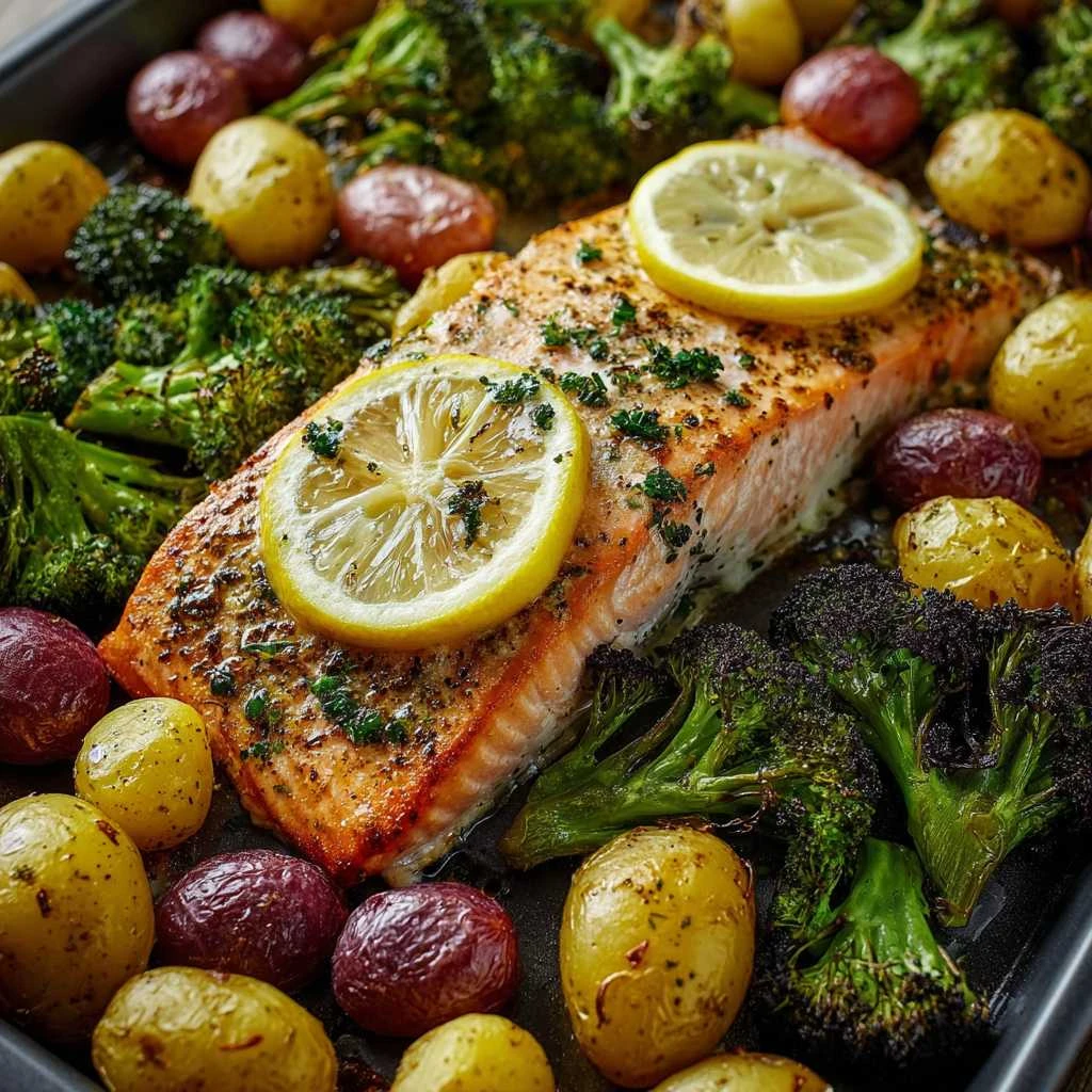 Lemon Butter Salmon with Crispy Potatoes and Roasted Broccoli Recipe