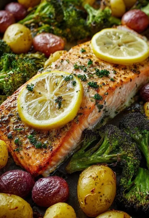 Lemon Butter Salmon Crispy Potatoes Roasted Broccoli Recipe