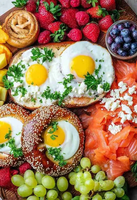 Ultimate Bagel Bar Brunch Eggs Salmon Fresh Fruit